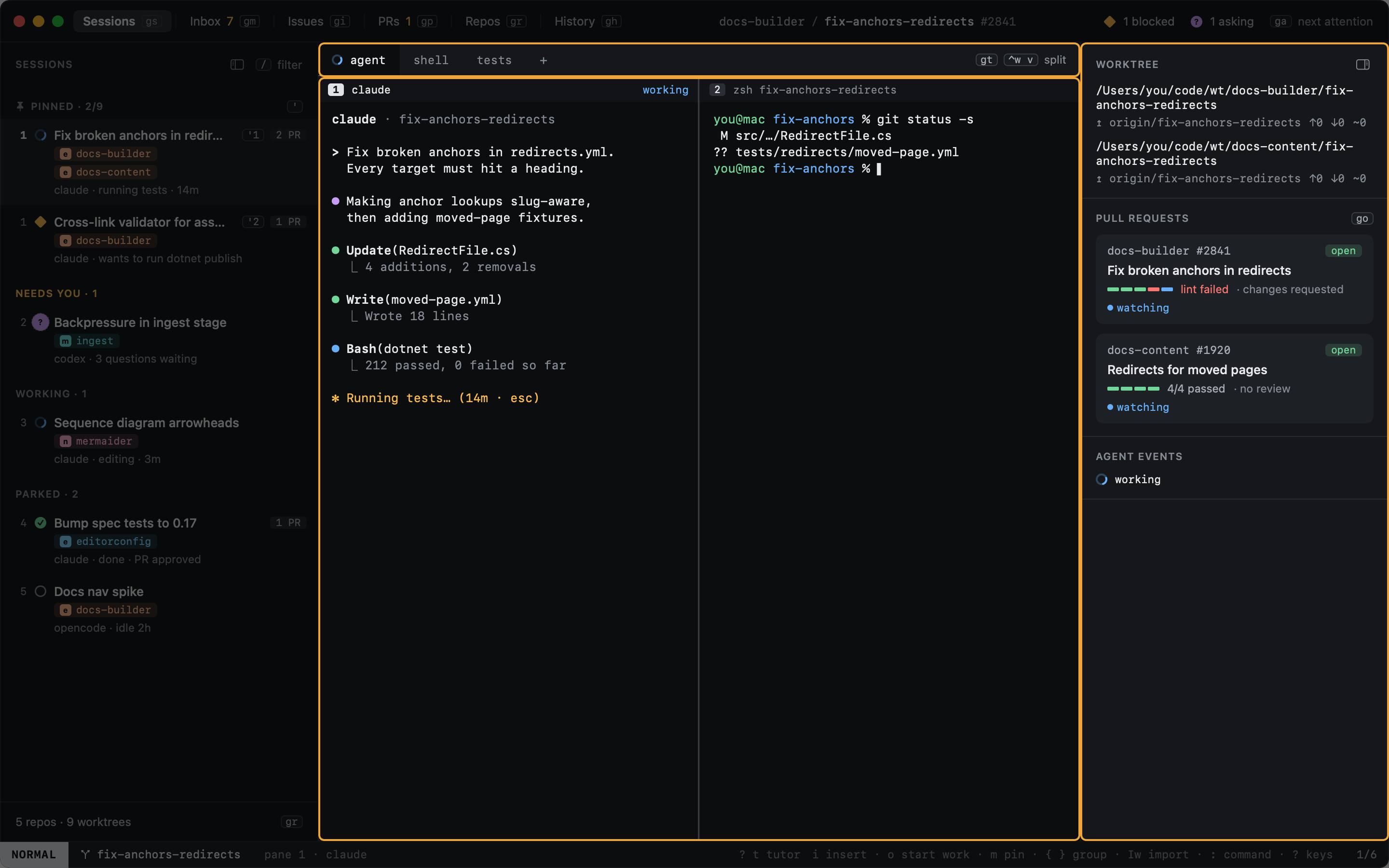 A session: its row in the sidebar, its panes, and the inspector with its worktree and pull requests