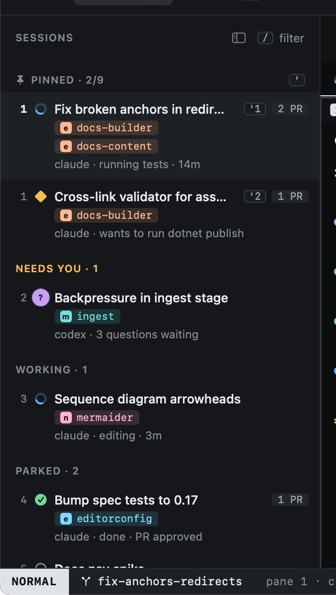 The sidebar grouped by state: pinned, needs you, working, parked The sidebar grouped by state: pinned, needs you, working, parked