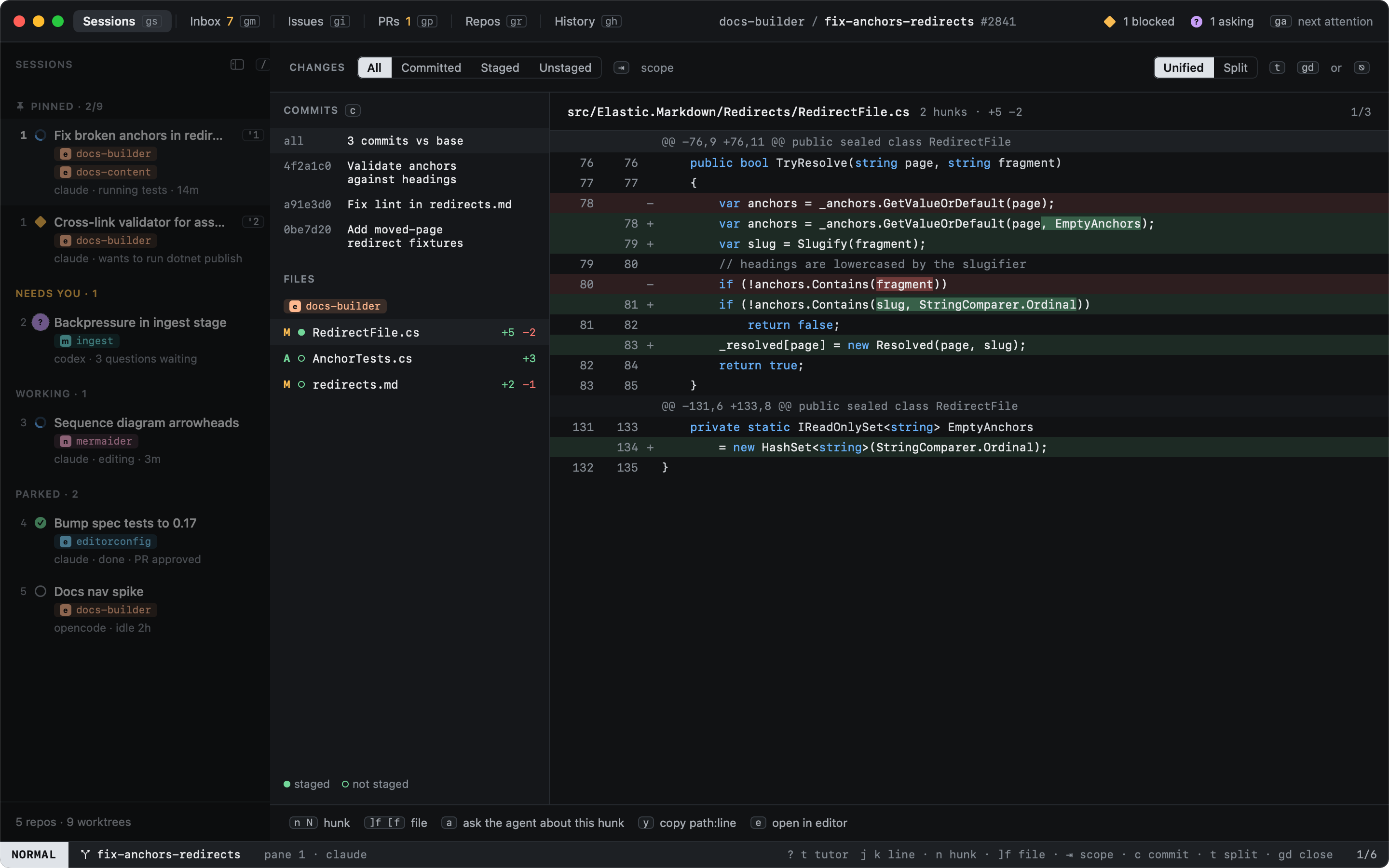 The diff overlay: files on the left, the hunks of the current file on the right The diff overlay: files on the left, the hunks of the current file on the right