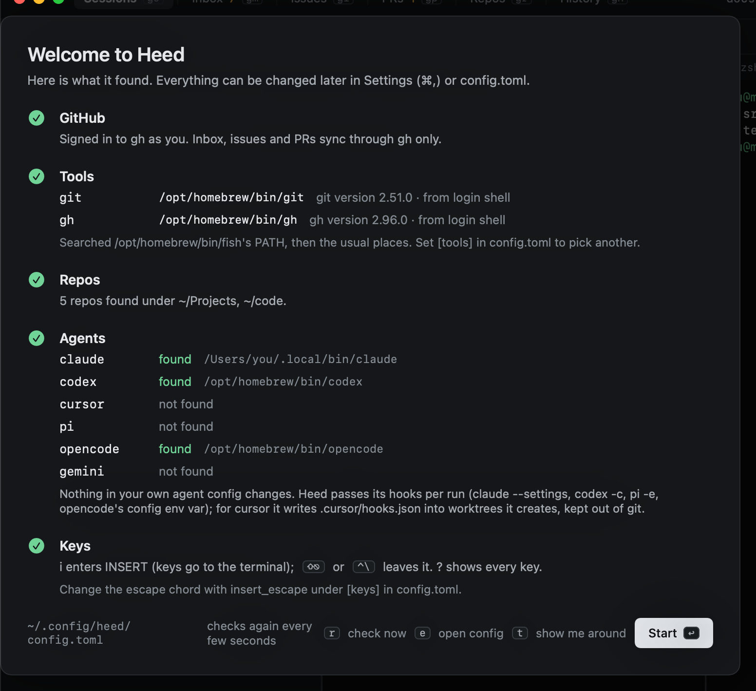 The first-run screen: GitHub, tools, repos and agents, each with what Heed found The first-run screen: GitHub, tools, repos and agents, each with what Heed found