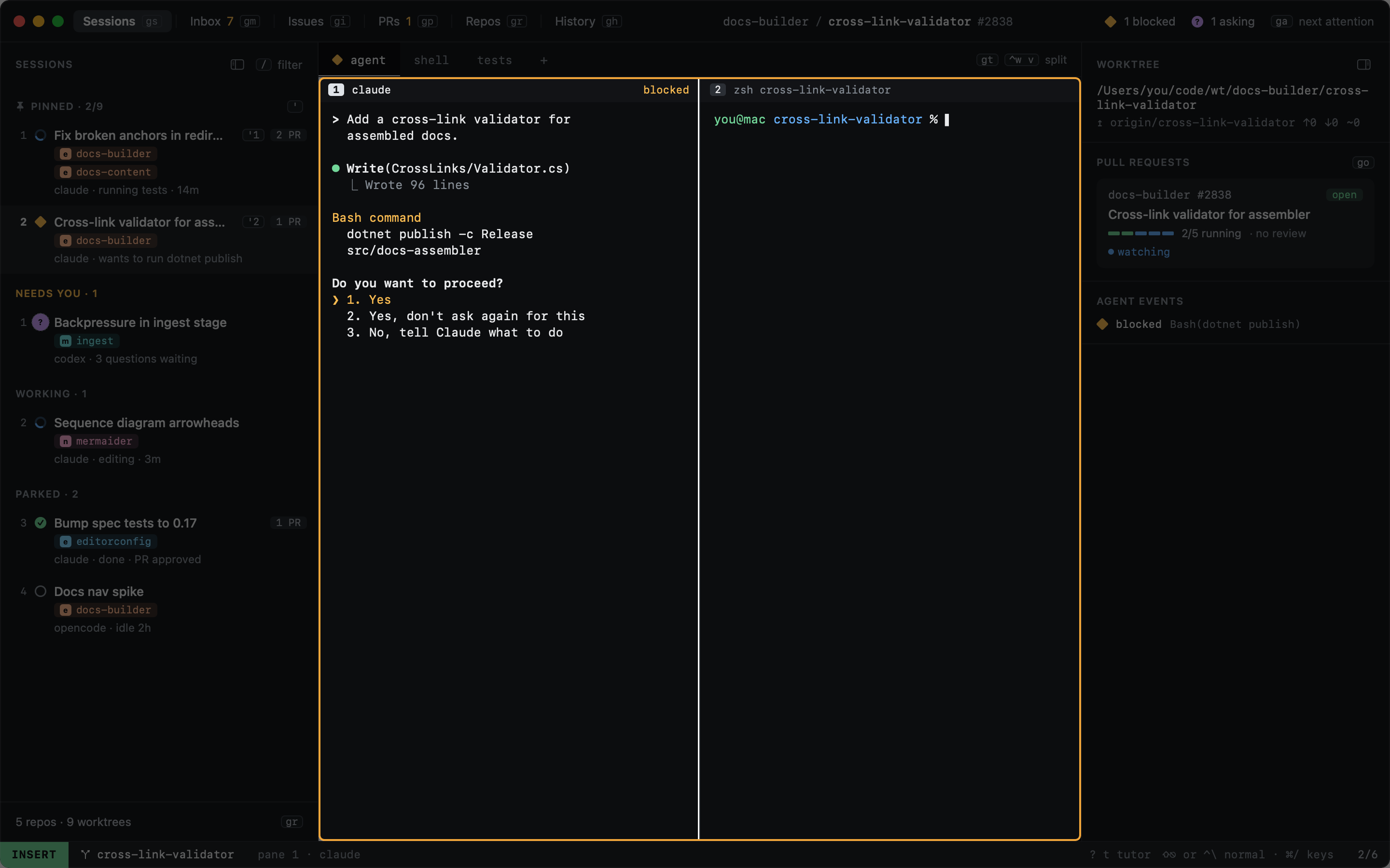 The agent pane in INSERT, outlined white The agent pane in INSERT, outlined white