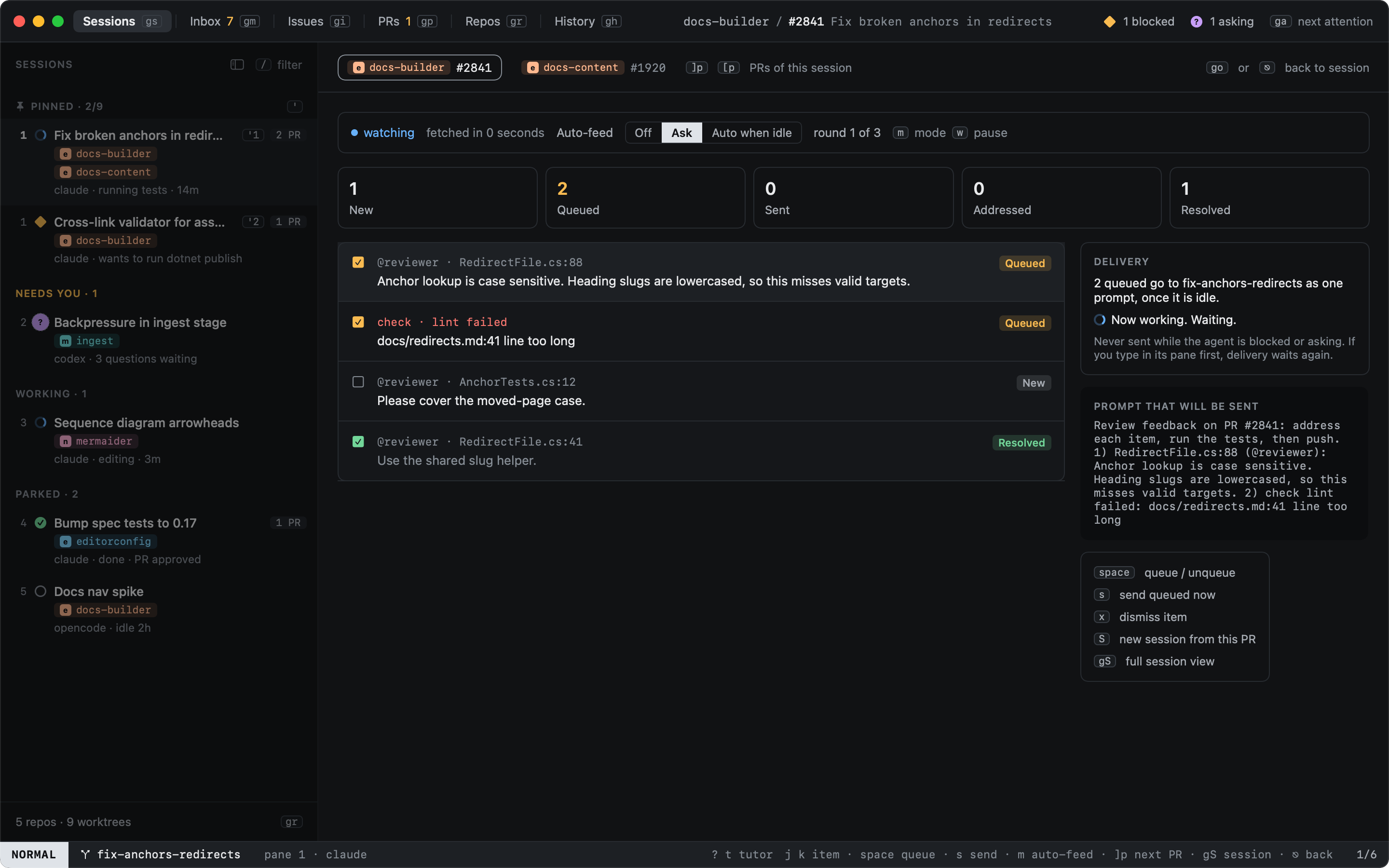 The PR overlay: the pipeline counts, the items, delivery and the prompt that will be sent The PR overlay: the pipeline counts, the items, delivery and the prompt that will be sent