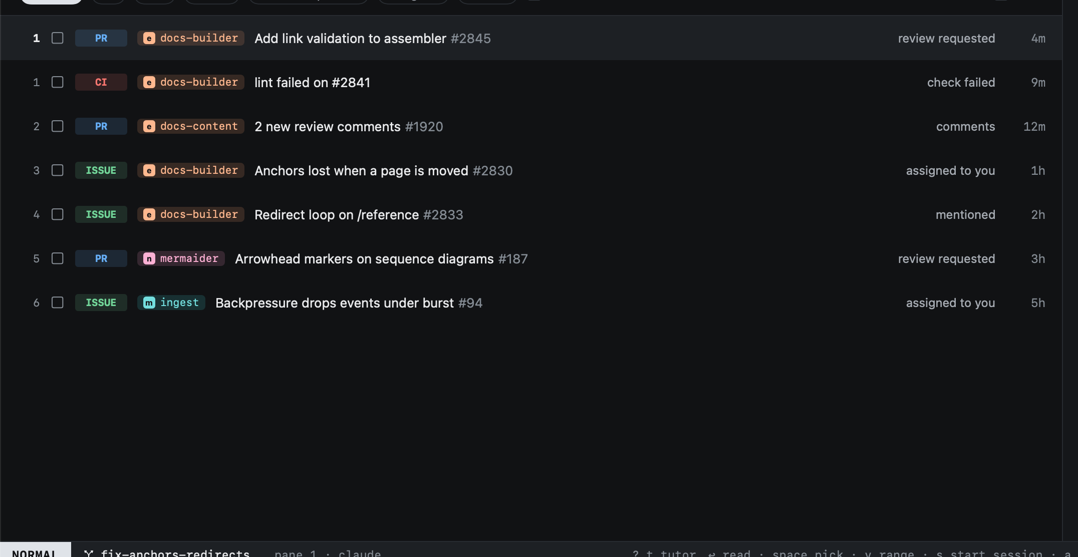 Inbox rows: kind, repo, title, why it is in your inbox, and when Inbox rows: kind, repo, title, why it is in your inbox, and when
