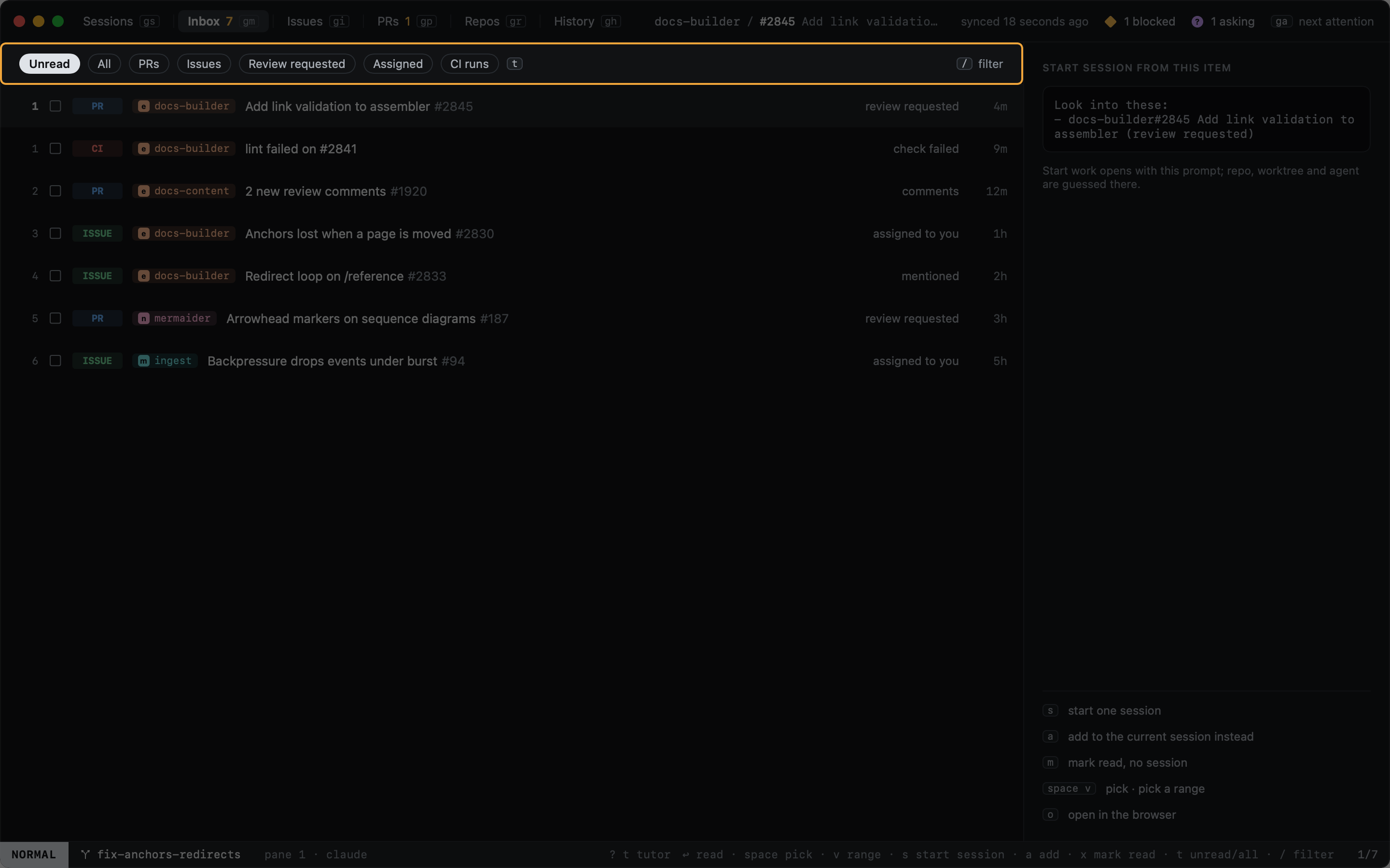 The Inbox: filter chips across the top, notifications below The Inbox: filter chips across the top, notifications below