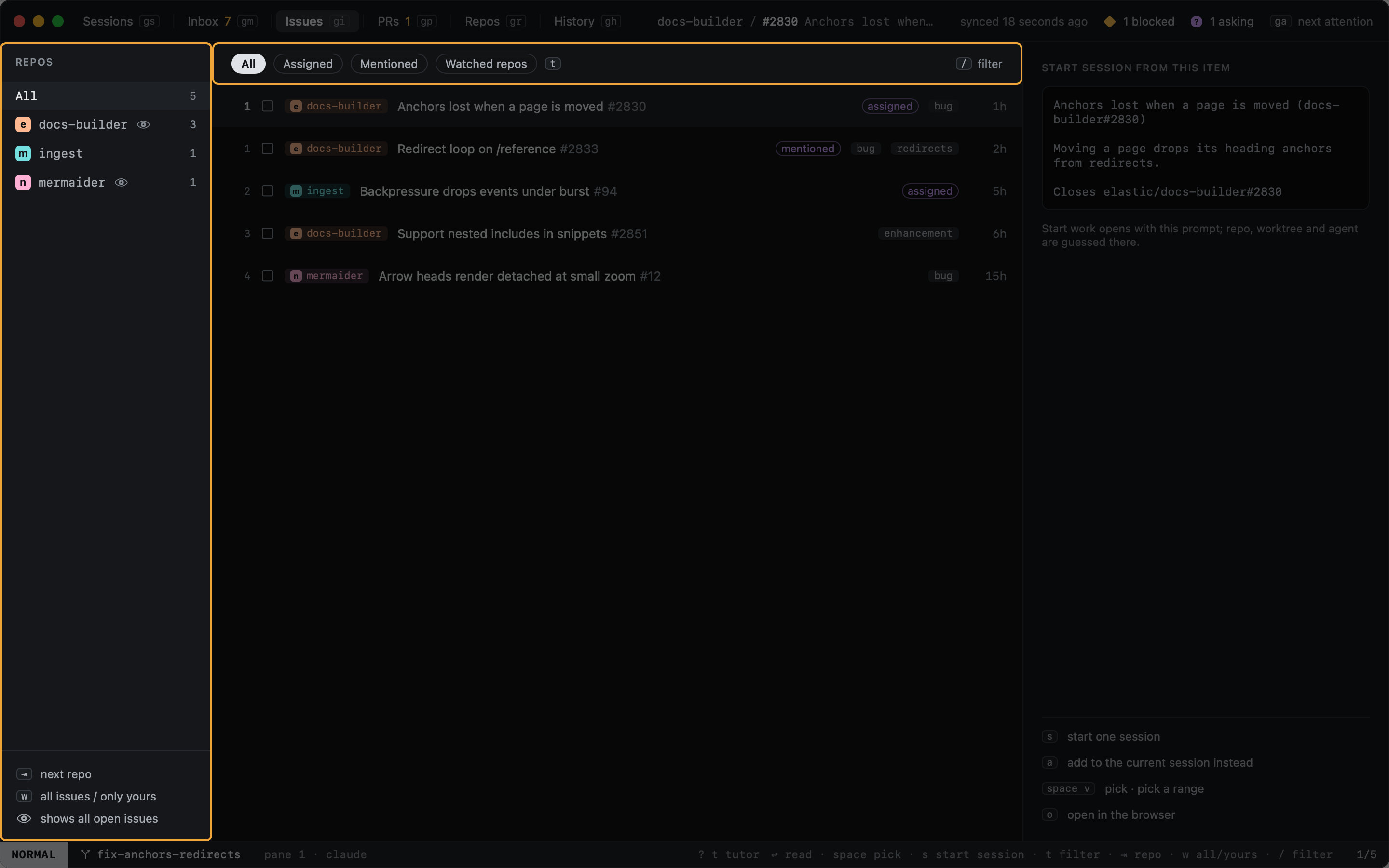 Issues: the repo column on the left, filter chips, issues tagged assigned or mentioned Issues: the repo column on the left, filter chips, issues tagged assigned or mentioned