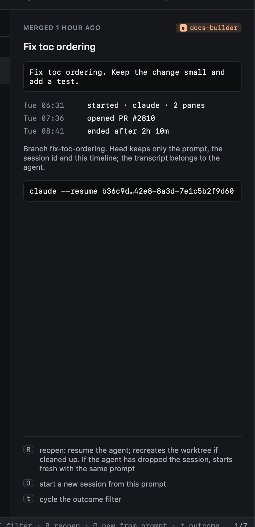 A closed session's detail: its prompt, timeline and resume command A closed session's detail: its prompt, timeline and resume command