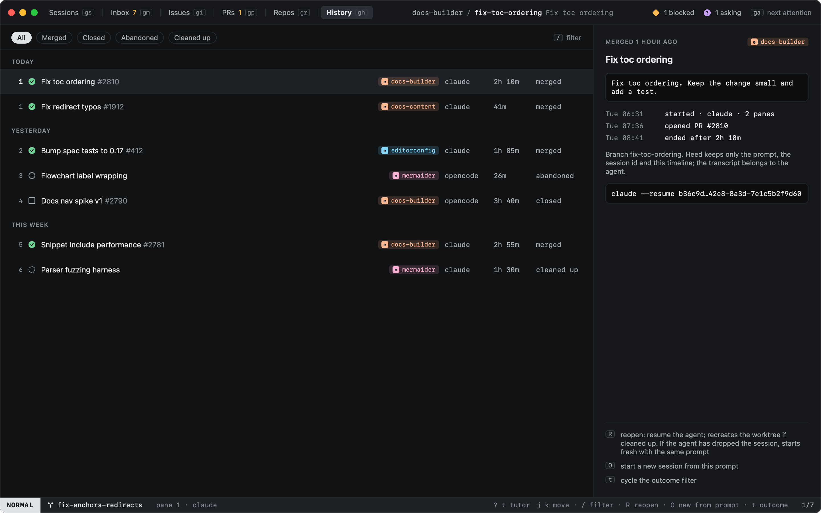 History: closed sessions on the left, the selected one's prompt and timeline on the right History: closed sessions on the left, the selected one's prompt and timeline on the right