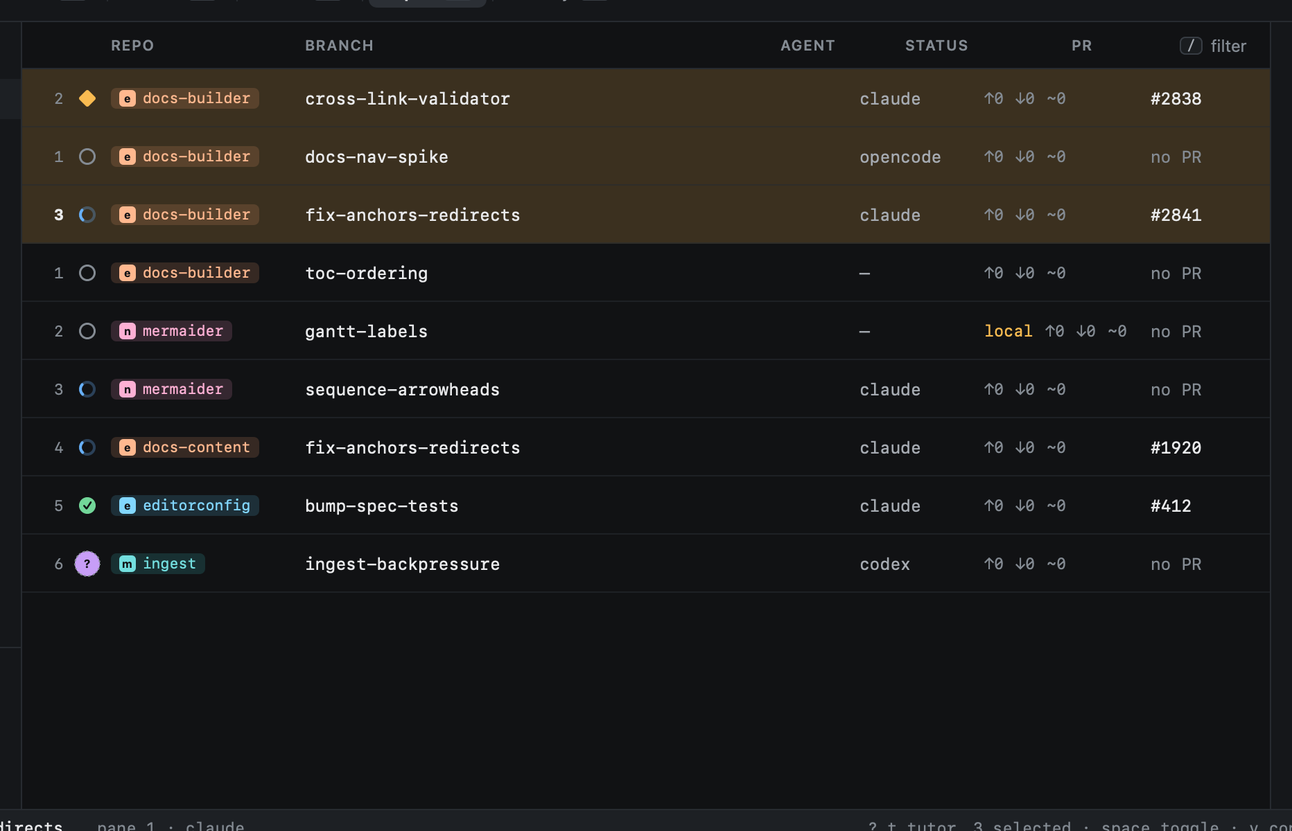 Three worktrees selected in Repos Three worktrees selected in Repos