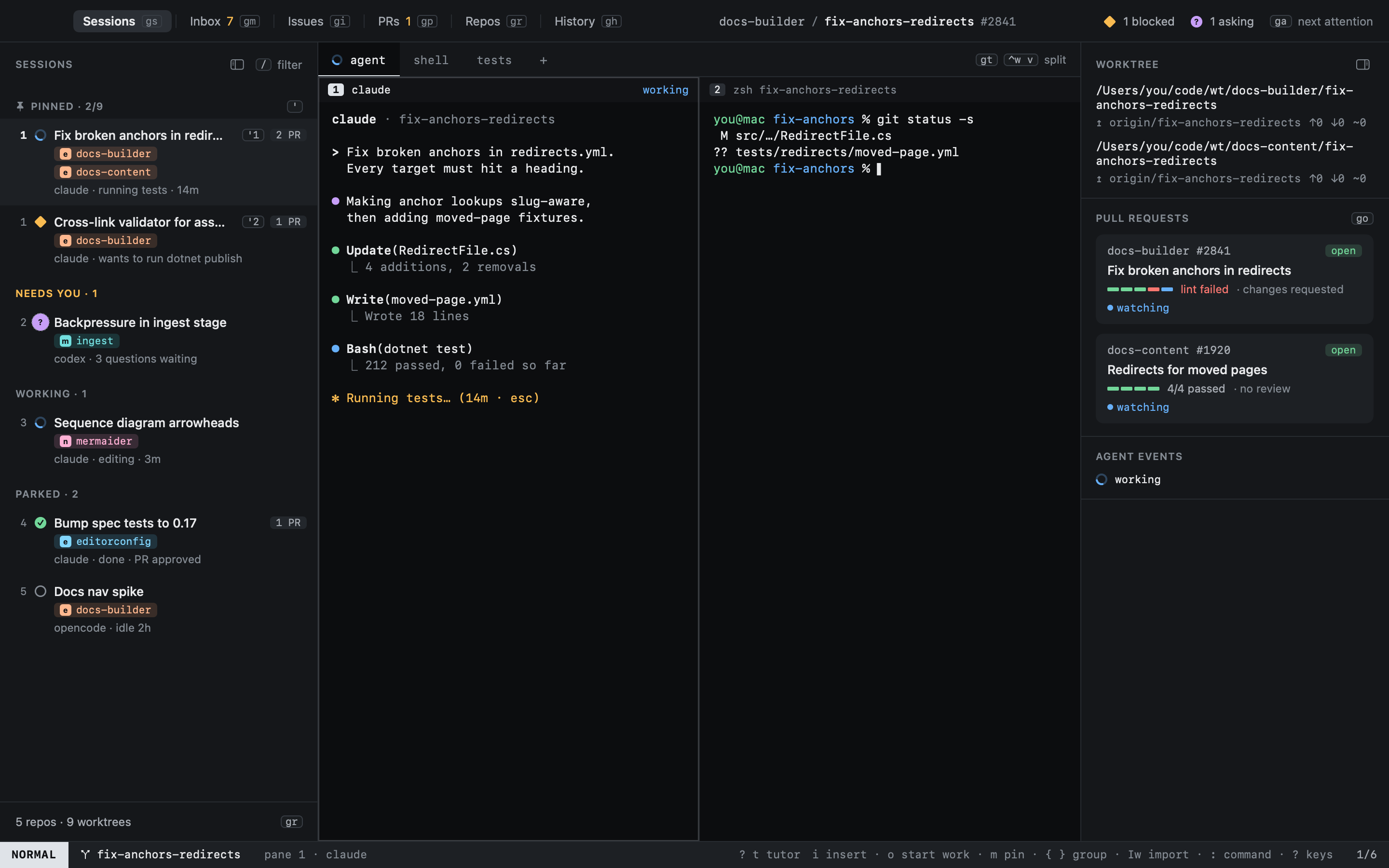 The heed main window: sessions on the left, agent terminals in the middle, PRs and agent events on the right.