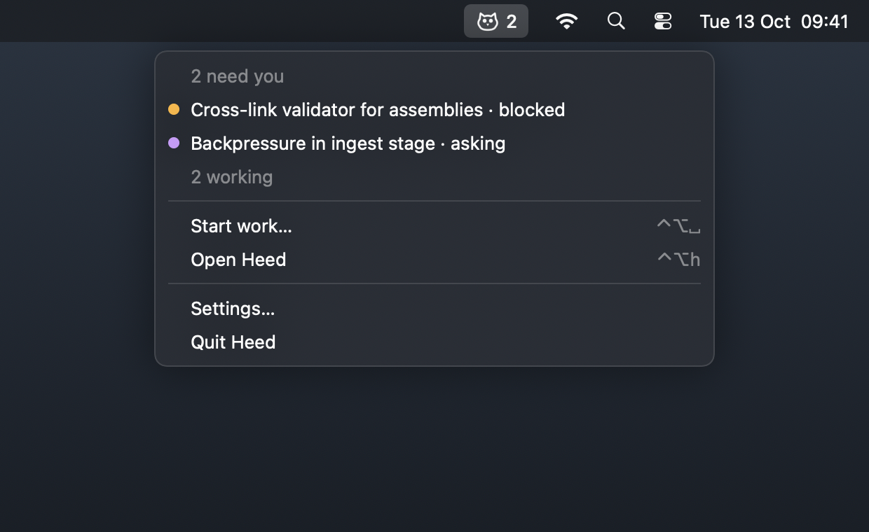 The menu: the waiting sessions, Start work, Open Heed, Settings, Quit The menu: the waiting sessions, Start work, Open Heed, Settings, Quit