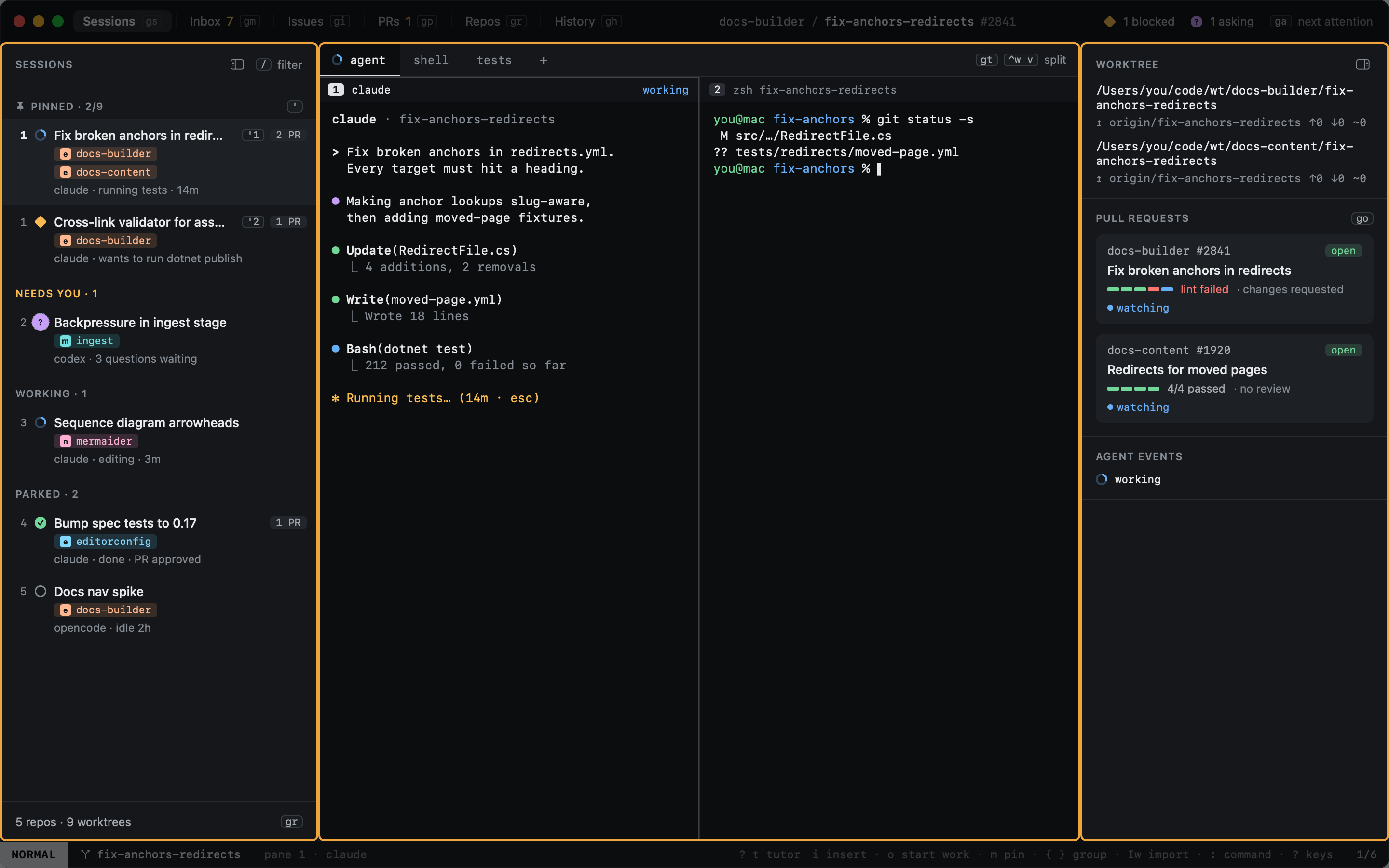 The Sessions view with its sidebar, center and inspector highlighted