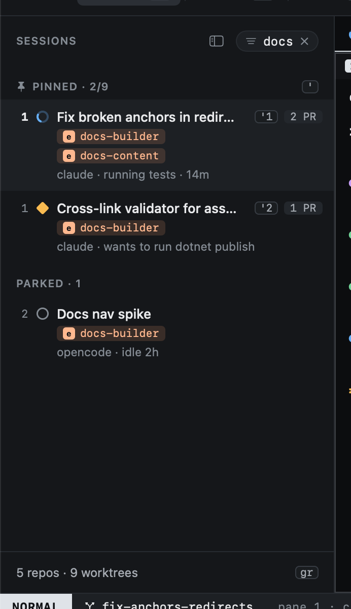 The kept filter: only sessions matching docs, the pill showing it The kept filter: only sessions matching docs, the pill showing it