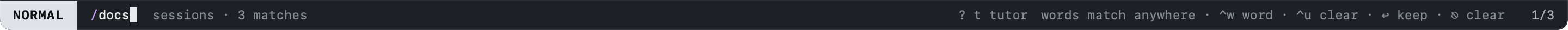 Typing a filter: /docs in the status bar, with the number of matches Typing a filter: /docs in the status bar, with the number of matches
