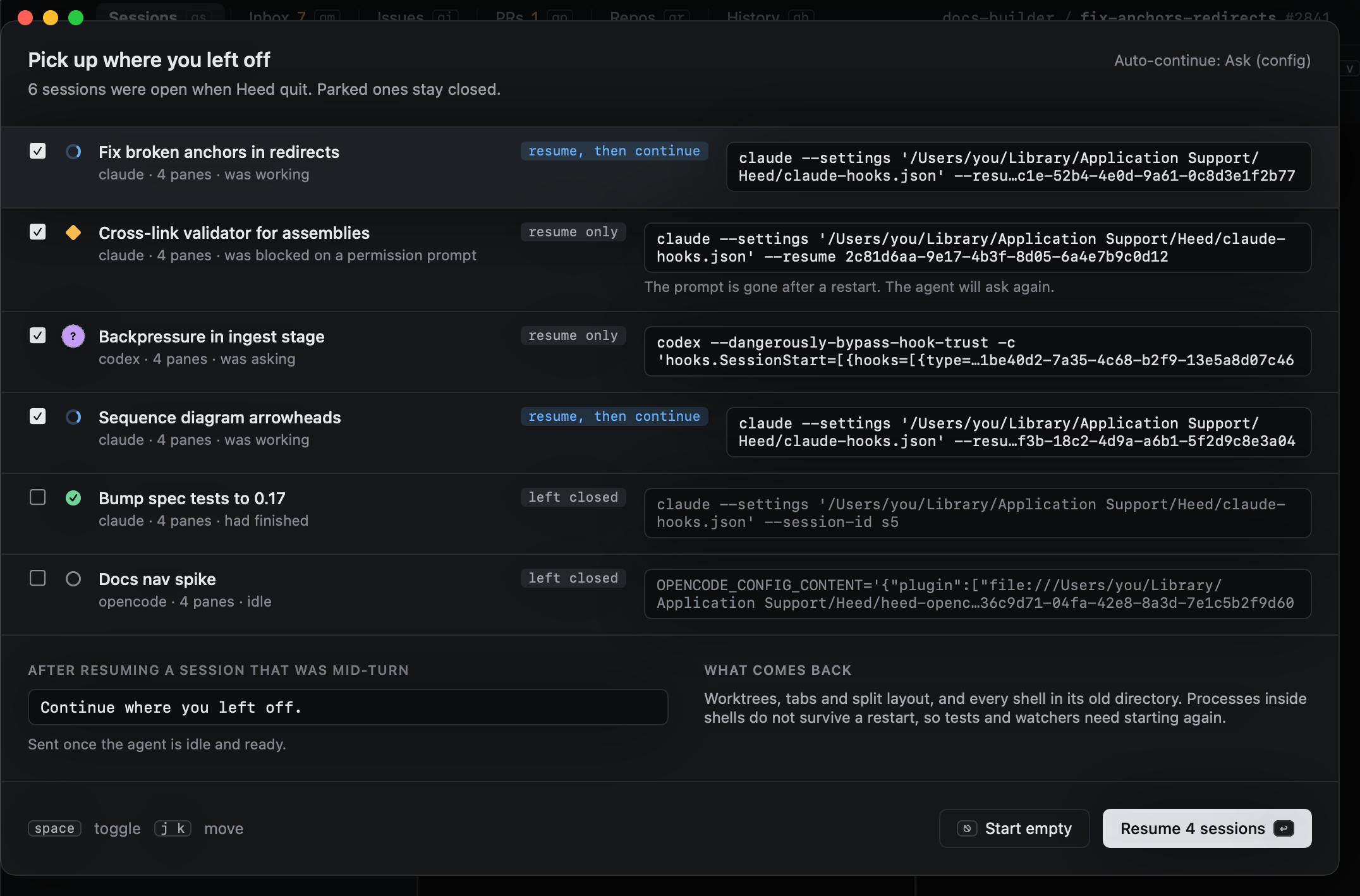 The resume dialog: sessions that were open, which can resume, and which agent sessions are gone