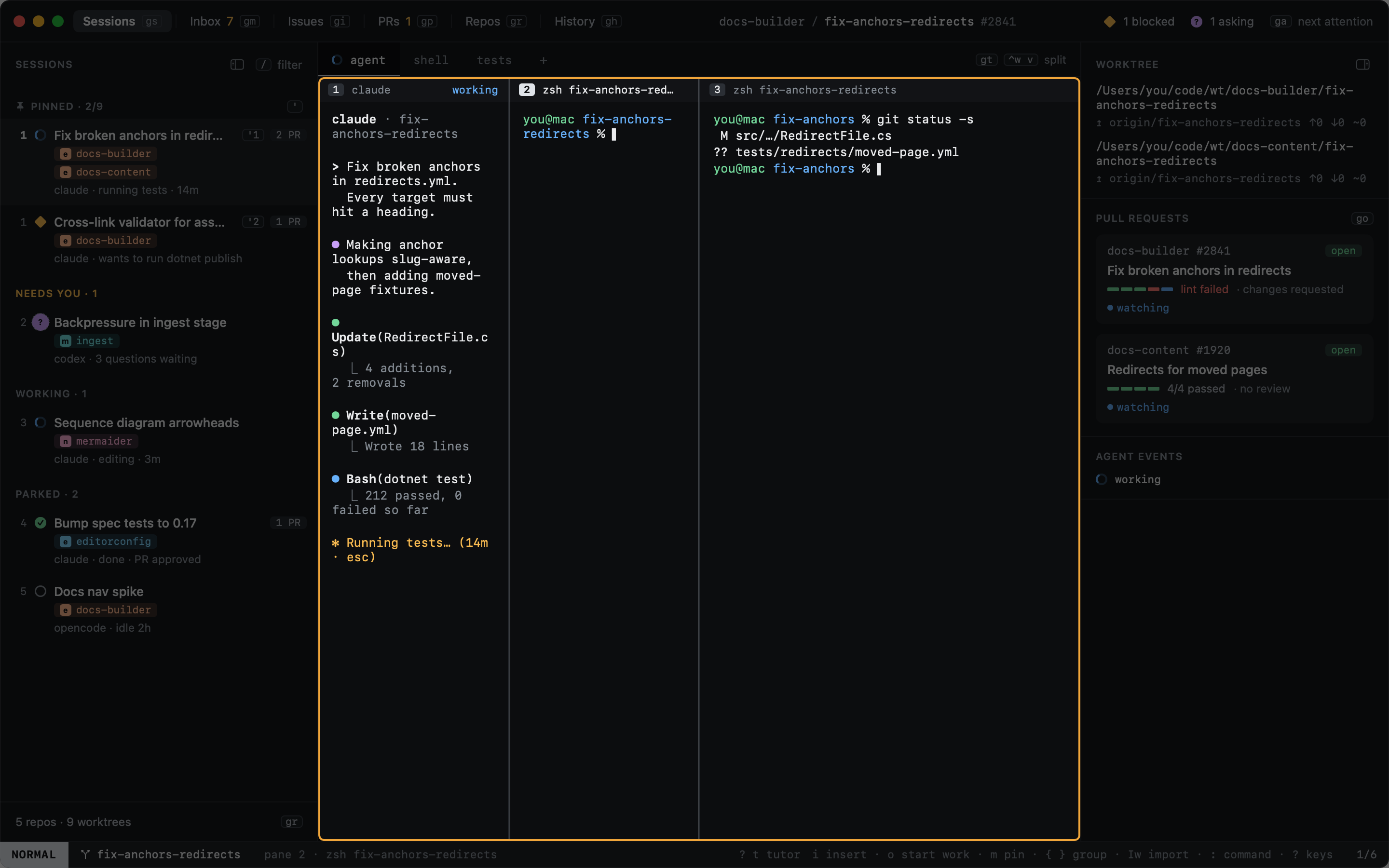 After ⌃w v: the agent pane split, a new shell on the right After ⌃w v: the agent pane split, a new shell on the right