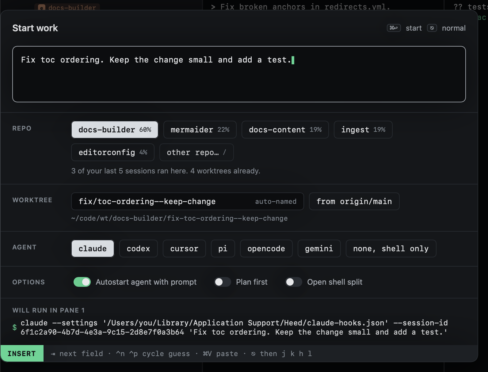 Start work opened from a closed session's prompt