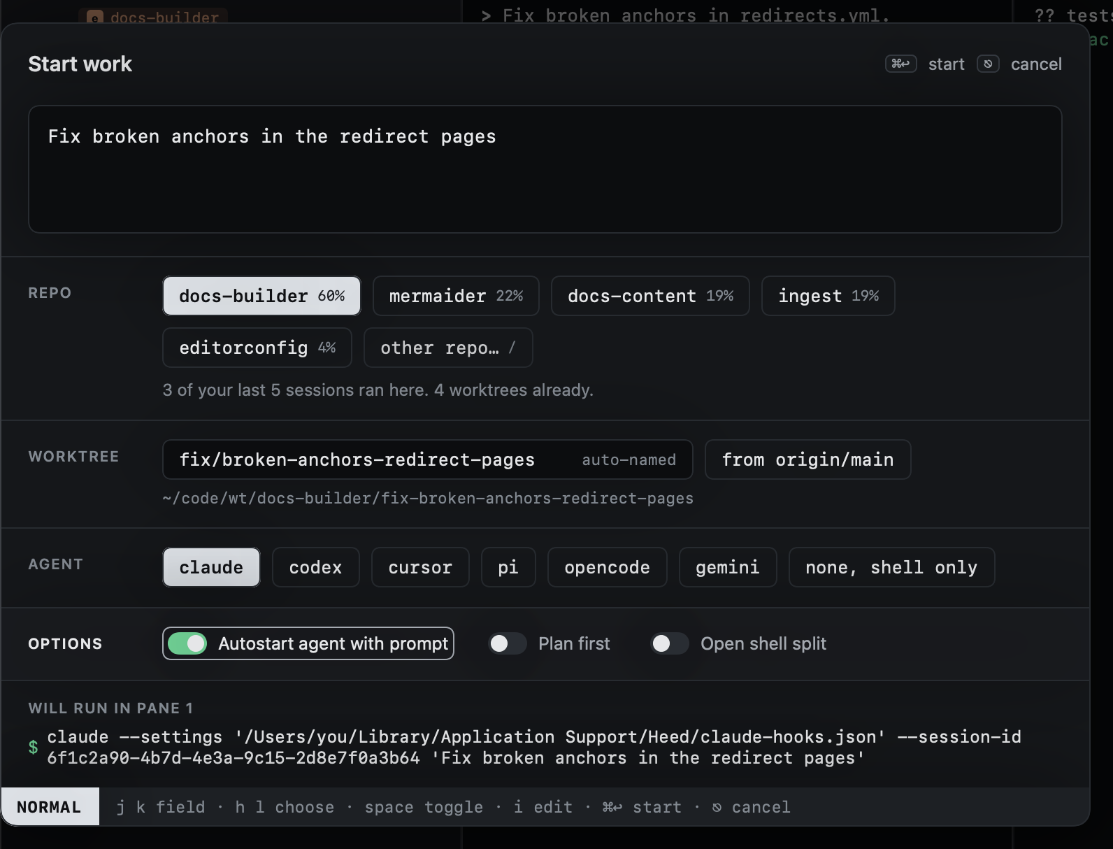 The agent row and options, and the command the agent pane will run The agent row and options, and the command the agent pane will run