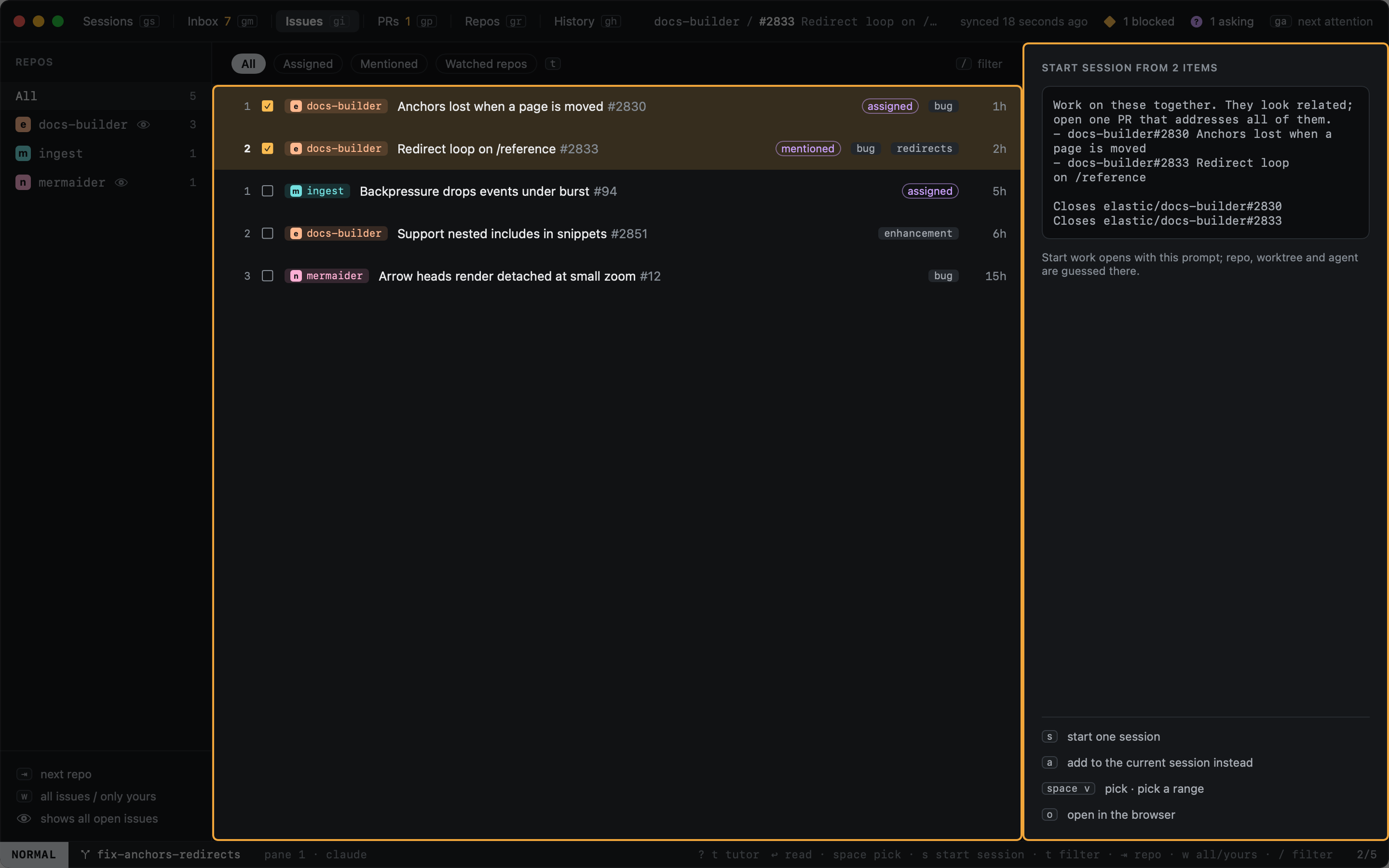 Two issues picked, and the prompt Start work will open with Two issues picked, and the prompt Start work will open with