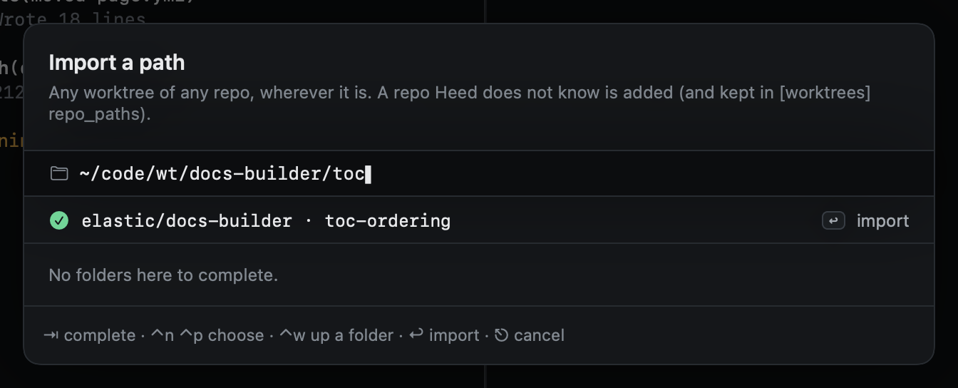 Import a path: a folder typed, the worktree found there