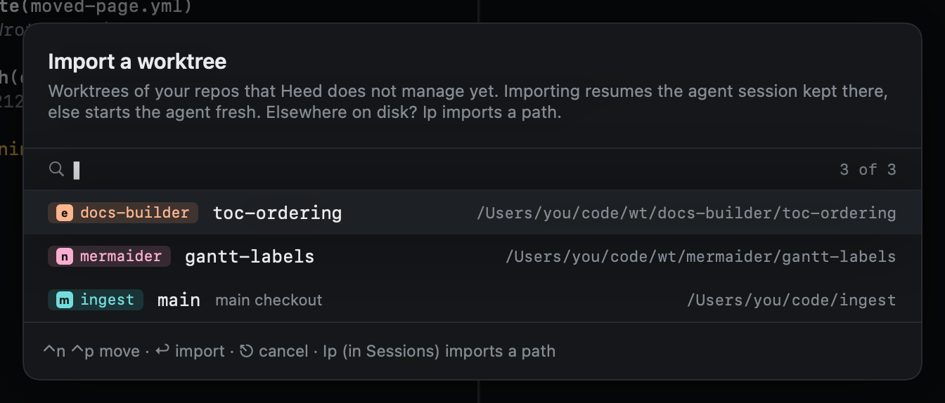 Import a worktree: the worktrees with no session yet