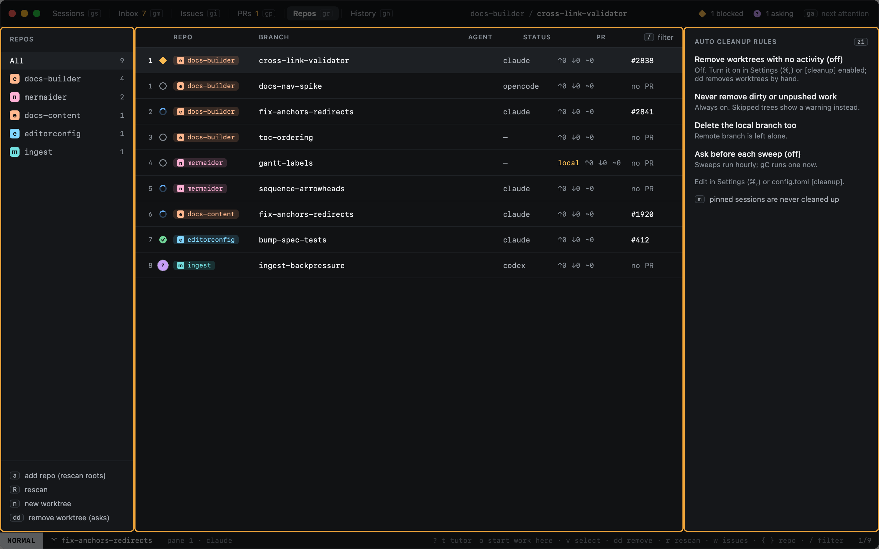 Repos: the repo column, the worktree table, and the cleanup rules Repos: the repo column, the worktree table, and the cleanup rules